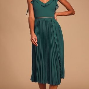 New - Lulus Never a Dull Moment Emerald Green Tie-Strap Pleated Midi Dress-Large
